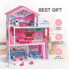 Wooden Dollhouse with Furniture 4-Rooms, with 18 Pcs Furniture & Accessories for Kids, Pink - as Pic